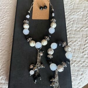 Beaded Black and White Statement Necklace & Bracelet Set
